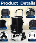 Foldable Stair Climbing Shopping Cart With Wheels For Groceries And Laundry, black cart with features highlighted including side pockets and wheels.