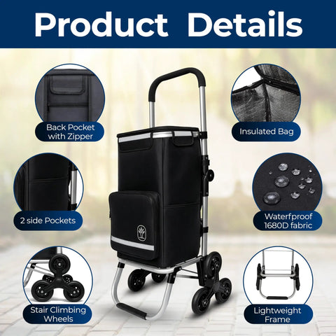 Foldable Stair Climbing Shopping Cart With Wheels For Groceries And Laundry, black cart with features highlighted including side pockets and wheels.