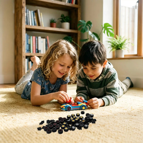 Children playing with 100 Piece Wheels And Axles Building Set For Cars And Robots Totally Boss Compatible With Major Brick Brands