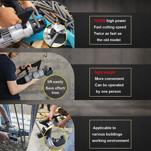 Wlikoci Electric Hydraulic Rebar Cutter For 4mm 28mm Steel Bars, Auto Blade Return System, Super Fast Three Second Cut Power Tool in use cutting steel rods.