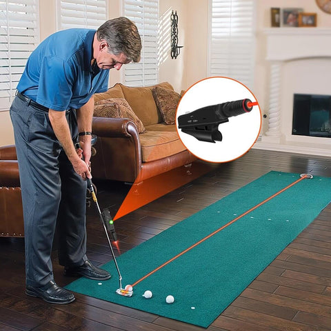 Indoor Golf Laser Putting Training Aid With Dual Modes For Alignment And Stroke Feedback used on green putting mat