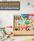 Three Tier Montessori Style Wooden Bookshelf For Toddlers with books in nursery setting