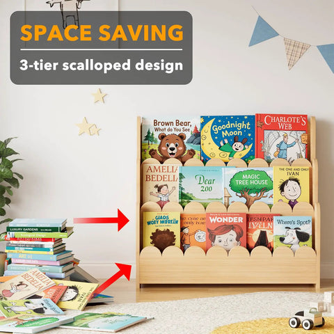Three Tier Montessori Style Wooden Bookshelf For Toddlers with books in nursery setting