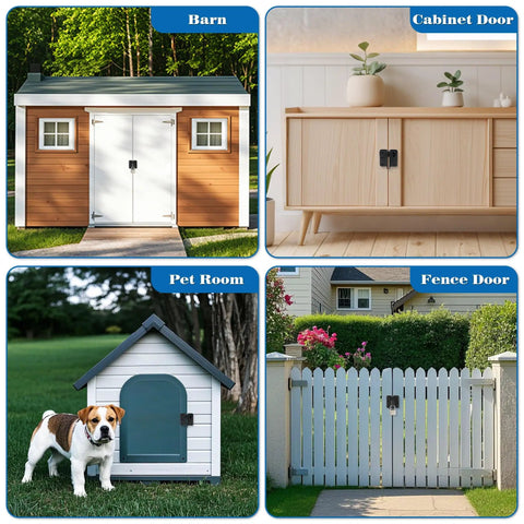 Flip Latch For Gates And Cabinets Sliding Bolt Latch Safety Door Lock Catch Matte Black SUS304 Stainless Steel Gate Hardware Locks For Barn Fence Wood Window Bathroom Garage Pet Cage shown on barn, cabinet, pet room, and fence doors.
