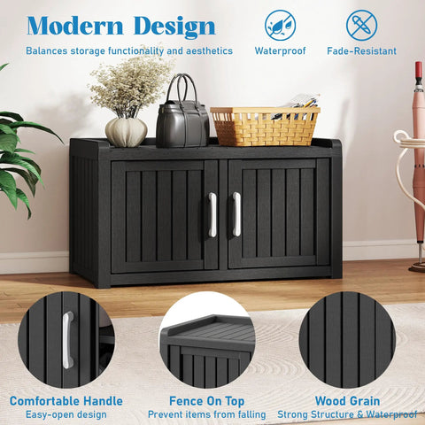 Two Tier Storage Bench Cabinet For Shoes Waterproof UV Resistant Outdoor Shoe Organizer With Two Doors And Adjustable Shelves Perfect For Indoor Outdoor Entryway Hallway And Living Room Black