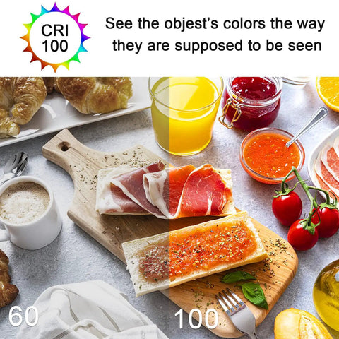 High CRI comparison showing colorful food under different lighting conditions