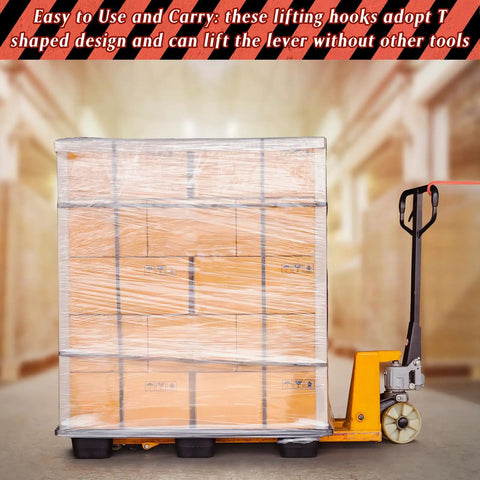 Warehouse pallet jack with stacked shrink-wrapped boxes in background