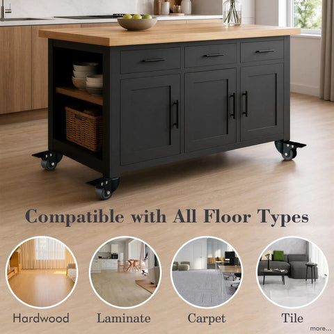 Rock Solid 1.6 Inch Swivel Caster Wheels With Locking Brakes under a kitchen island, compatible with hardwood and tile floors.