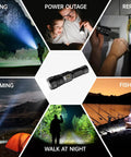 Collage of uses for Beast Bright Rechargeable Flashlight With 100,000 Lumens LED in various outdoor and emergency scenarios.