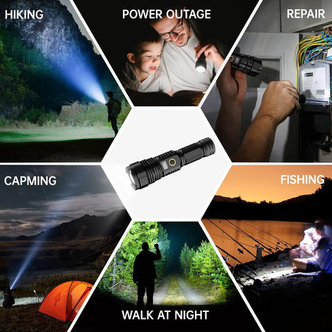 Collage of uses for Beast Bright Rechargeable Flashlight With 100,000 Lumens LED in various outdoor and emergency scenarios.