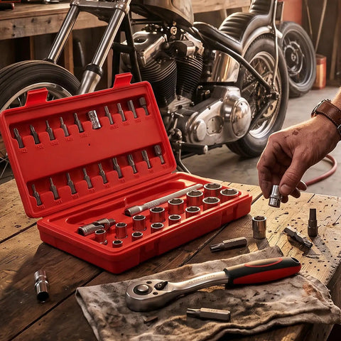 Knock Out Tough Shop Tasks With This Badass 3/8 Inch Drive 36 Piece Socket Ratchet Wrench Set Packing Smooth Chrome Steel Extensions and Universal Joints for Every Home Garage Project displayed with open toolbox.