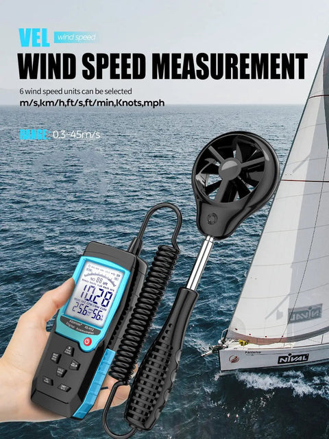 Handheld Wind Speed Meter With Sensor For Wind Velocity In Meters Per Second, Kilometers Per Hour, Miles Per Hour, Knots And Feet Per Minute, Also Tracks CFM Air Flow, Wind Temp And Humidity, Big Backlit Display For Outdoor Work And HVAC DIY beside a sailing boat on water.