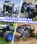 Large 1:8 Scale Monster Truck RC Car For Adults And Teens, off-road 4WD crawler in action on grass, dirt, and rocky terrain.