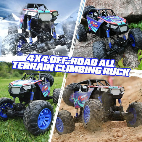 Large 1:8 Scale Monster Truck RC Car For Adults And Teens, off-road 4WD crawler in action on grass, dirt, and rocky terrain.