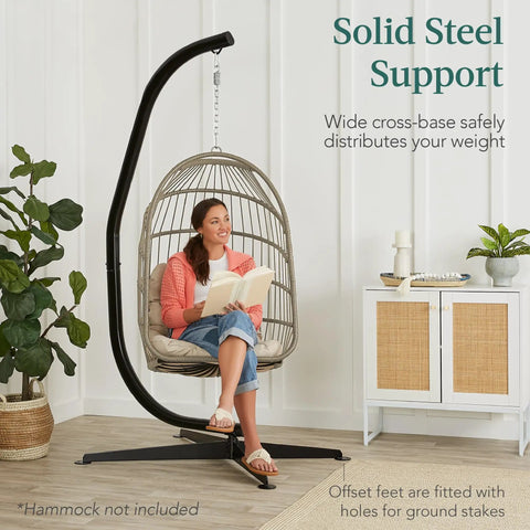 Rugged Metal Hanging Hammock C Stand For Chair Stand Only With Weather Resistant Powder Coated Steel Wide 4 Leg Offset Base for lounging.