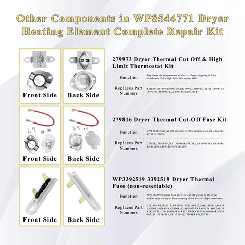 Dryer Heating Element Kit For Maytag Bravos XL Whirlpool Duet Kenmore Elite HE4 HE5 Electric Dryers With 3392519 279973 279816