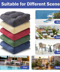 Stack of tufted outdoor chair cushions in various colors with scenes showing beach, garden, patio, pool, and balcony use.