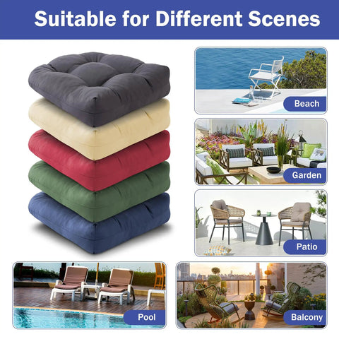 Stack of tufted outdoor chair cushions in various colors with scenes showing beach, garden, patio, pool, and balcony use.
