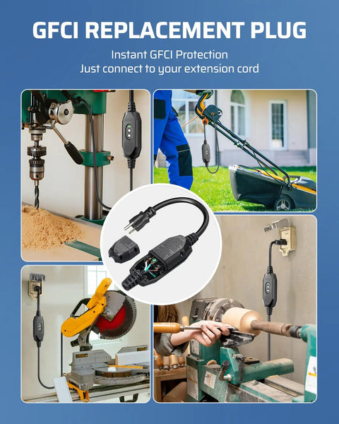 Collage showing GFCI replacement plug in use with various tools; drill, lawn mower, saw, and lathe in outdoor and workshop settings.