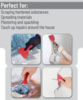 Demonstration of Six Pack Plastic Putty Knife Set With 1.5 To 6 Inch Flexible Solvent Resistant Scrapers used for various repairs