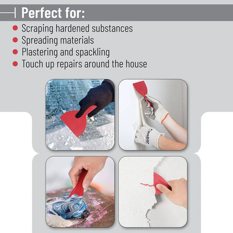 Demonstration of Six Pack Plastic Putty Knife Set With 1.5 To 6 Inch Flexible Solvent Resistant Scrapers used for various repairs