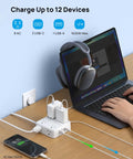 Hella Spaced Surge Protector Power Strip With Flat Plug Extension Cord And 5 Foot Cord packing 8 AC outlets and 4 USB ports for easy charging.