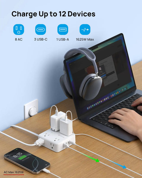 Hella Spaced Surge Protector Power Strip With Flat Plug Extension Cord And 5 Foot Cord packing 8 AC outlets and 4 USB ports for easy charging.
