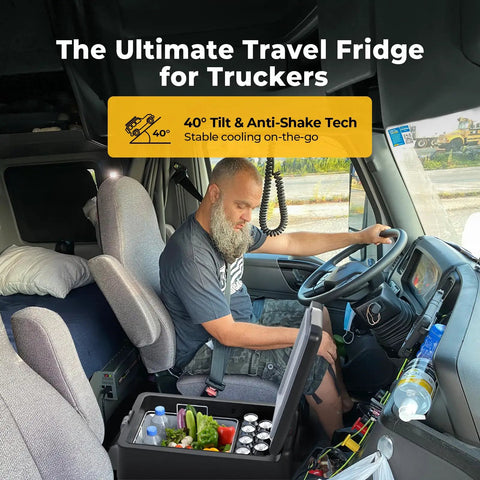 Truck driver using 12V Portable Refrigerator Fridge Freezer 53 Quart For RV Truck Jeep SUV Van Boat Camping Tailgating Road Trip Outdoor Travel 12V And 24V DC With AC 110 240V Power Cable CE And FCC Certified Two Year Tech Support Road Trip Ready inside cab