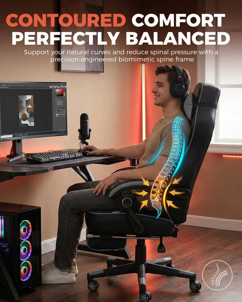 Person using Big And Tall Gaming Chair For Adults With 350 Lb Capacity, Heavy Duty Office Chair, Sky Gray, showing ergonomic lumbar support.