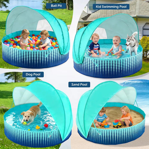 Kiddie Pool With Canopy And Shade For Backyard Water Play 40 Inch Foldable Toddler Pool With Sun Shelter shown in various uses