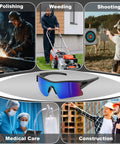 12 Pack Tinted Safety Glasses Protective Eyewear For Men And Women With ANSI Z87 1 Certified UV400 shown with various outdoor and work settings.