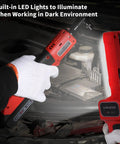 Cordless Three Eighth Inch Ratchet Wrench Workhorse For Tough Jobs, 44.25 Foot Pounds Torque, 380 RPM with LED work light in use