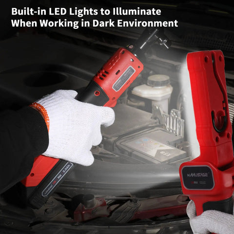 Cordless Three Eighth Inch Ratchet Wrench Workhorse For Tough Jobs, 44.25 Foot Pounds Torque, 380 RPM with LED work light in use
