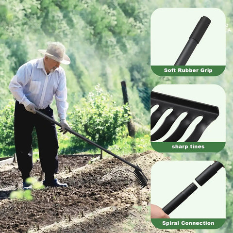 Gardener using 60 Inch Bow Rake With 12 Tines Metal Head And Adjustable Handle For Lawn Care Thatch Removal Loose Soil Leveling
