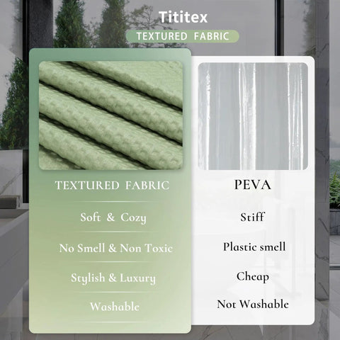 Comparison of textured green fabric and PEVA material, highlighting softness and luxury of fabric versus stiffness of PEVA