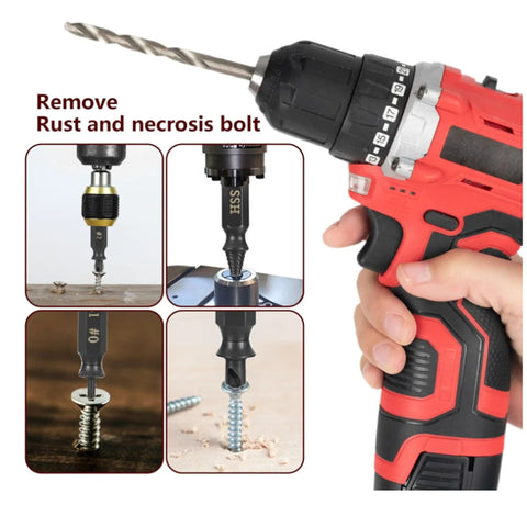 Damaged Screw Extractor Set For Stripped Screws Bolts And Rusted Hardware 6 Piece HSS Drill Bit Bolt Extractor Kit shown in use