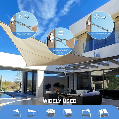 Rock Solid Heavy Duty 6 Inch Sun Shade Sail Hardware Kit Made From 304 Stainless Steel 40 Pieces installed on patio