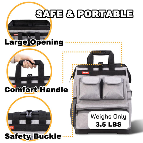 Heavy Duty Tool Backpack With Laptop Compartment Waterproof Molded Base And Padded Back Support Large Opening and Handle