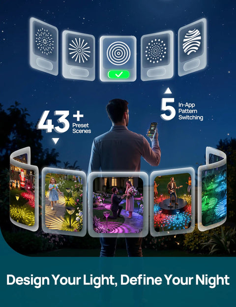 Person controlling 8 Pack Solar Pathway Lights Color Changing RGB Garden Lights 200 Lumen Waterproof IP65 Outdoor Solar Powered features