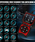 Upgraded OBD2 Scanner Diagnostic Tool With Code Reader And Reset, compact red and black device with multiple function buttons.