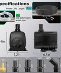 Specifications of 60W Submersible Fountain Pump With 10 Foot Cable 800GPH Overheat Protection diagram with dimensions.