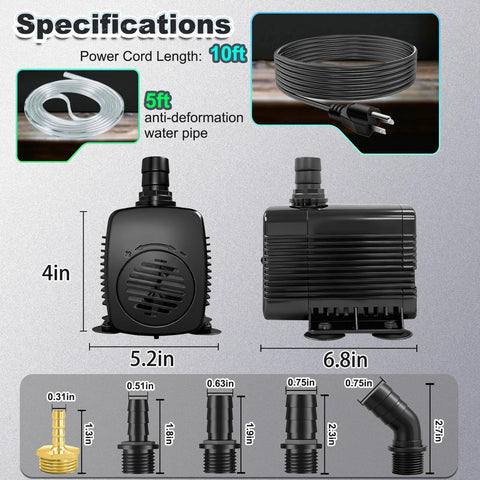 Specifications of 60W Submersible Fountain Pump With 10 Foot Cable 800GPH Overheat Protection diagram with dimensions.