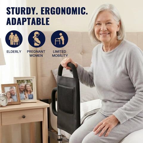 Woman using Heavy Duty Bed Rails for Seniors with Non Slip Ergonomic Handle and Storage Pocket Adjustable Tool Free Setup