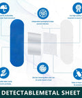 Diagram showing 100 Pcs Blue Bandages 3 By 1 Inch Metal Detectable Waterproof PE Adhesive Bandages for food handling, with features.