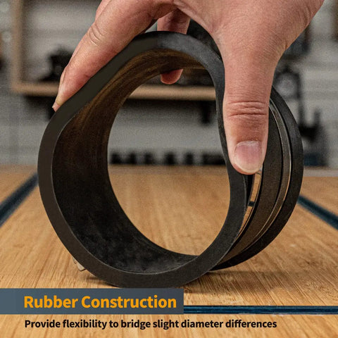 Person holding Six Pack 4 Inch Dust Collection Flex Cuff With Steel Clamps for woodworking hoses, showing rubber flexibility.