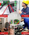 Collage of 30 Piece Silicone Banana Plug Test Leads Kit in use for electronic, factory, home, and auto repair environments.