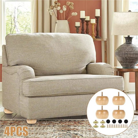 Four Pcs Solid Wood Furniture Legs Round Bun Feet Replacement For Sofa Cabinet Table With Floor Protectors shown with sofa