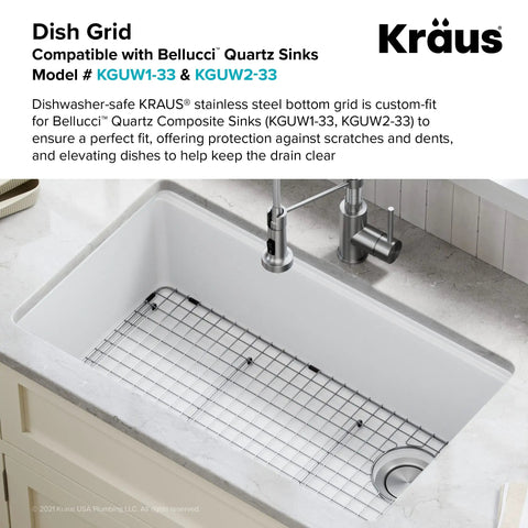 Bellucci Series Stainless Steel Kitchen Sink Bottom Grid With Soft Rubber Bumpers For 33 Inch Sink Protects Surface From Scratches And Breakage Heavy Duty Rust Resistant Grid For Granite Composite Sinks shown in white sink with faucet.