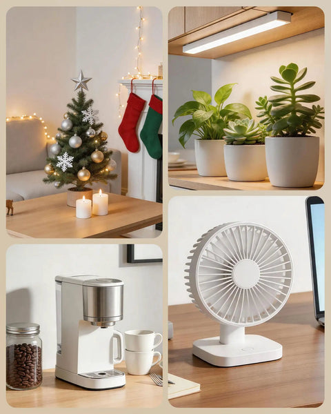7 Day Programmable Heavy Duty Digital Timer With Dual Plugs And Two Pack Offering A Wide Angle Crisp Screen Dead Simple Program Layout That Lets Your Home Gadgets Run Smooth Around The Clock Every Single Day with a Christmas theme, indoor plants, and appliances.