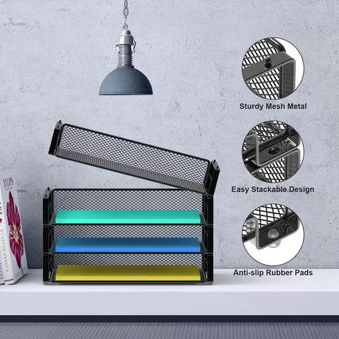 4 Pack Stackable Letter Paper Trays Desk File Organizer Mesh Paper Sorter with non-slip rubber feet, sturdy metal mesh design